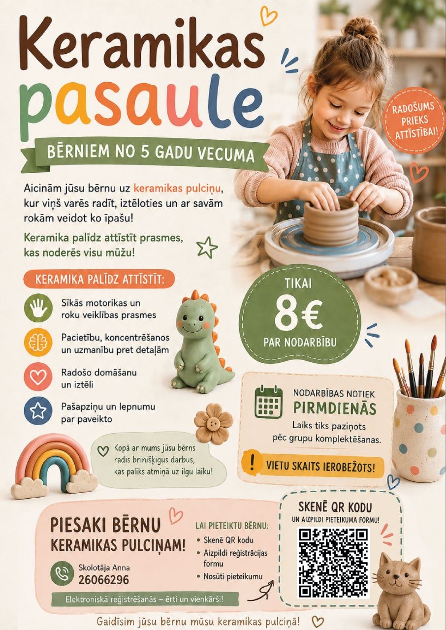 Meitene keramikas nodarbībā veido māla trauku